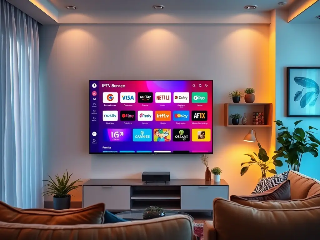 A scene depicting broadcast advertising on a smart TV with logos of Sky, Mediaset, Netflix, and Spotify, representing OTT advertising solutions.